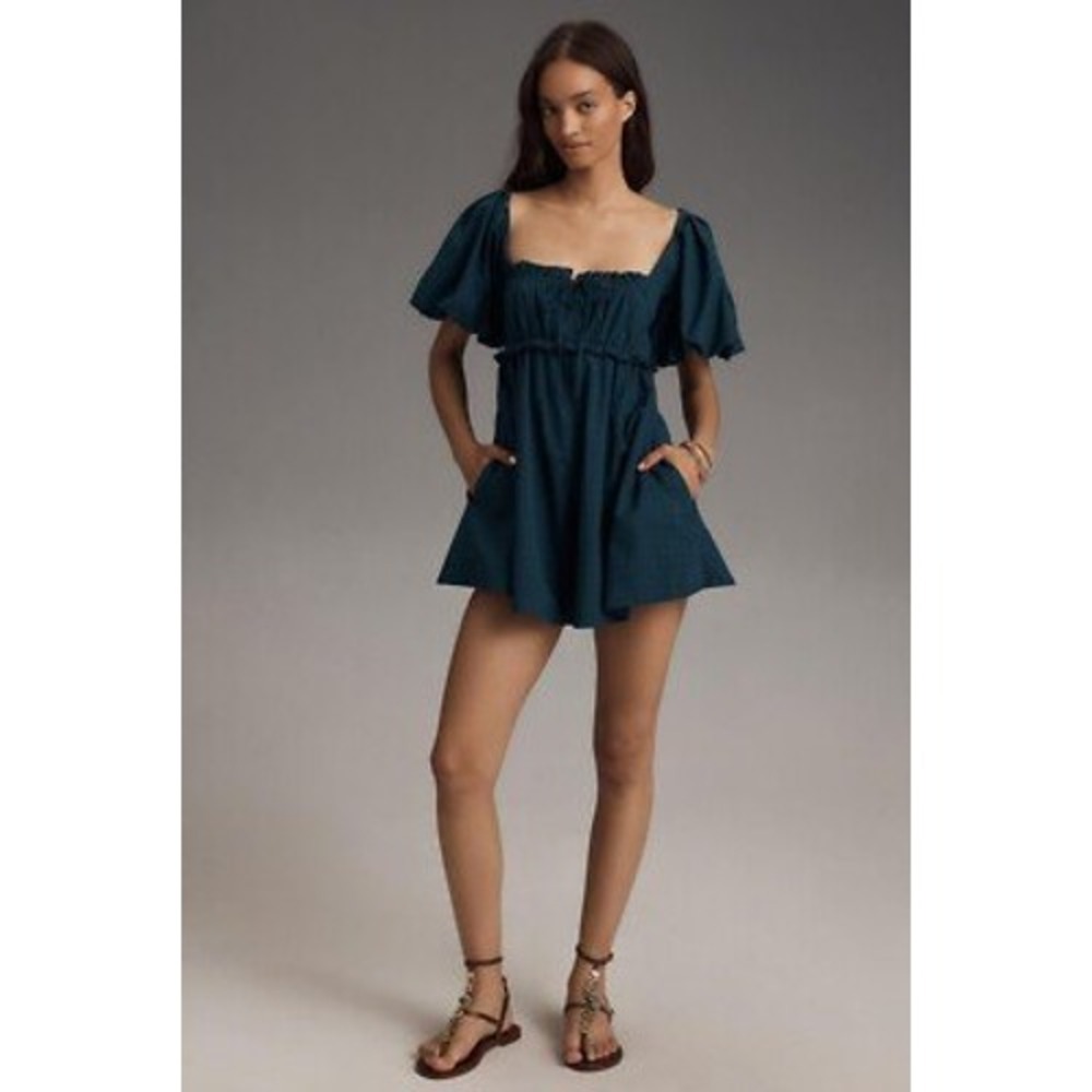 NEW Anthropologie Pilcro Puff-Sleeve Babydoll Romper Size Medium Blue - Picture 2 of 8
